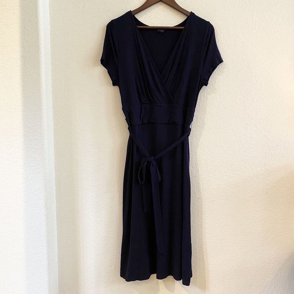 Talbots Dress Navy Blue Shift Midi Faux Wrap‎ Stretch Womens Size Medium